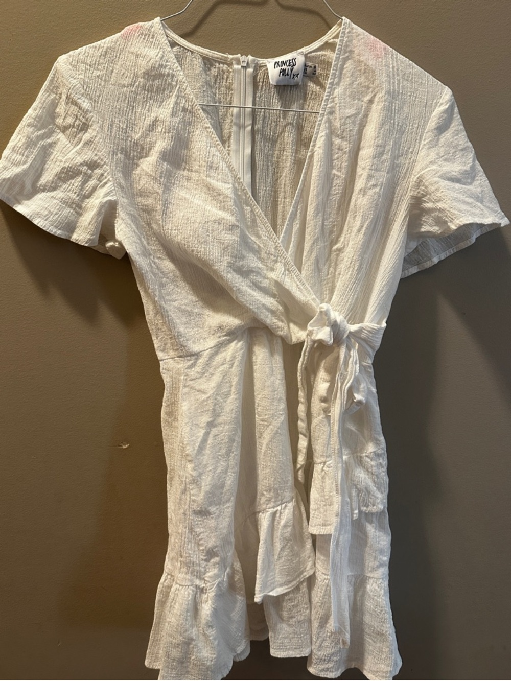 Princess Polly White Mini Dress Size 4 Wrap Style Ruffle Hem Cotton Summer - Picture 2 of 5